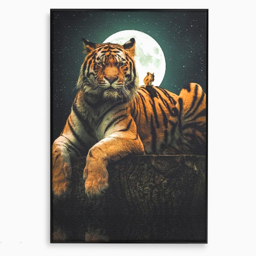Tablou Canvas Premium, LuxCanva® M1444, Prietenie sub Clar de Luna, Veverita, Rozatoare, Tigru, Felina, Luna Plina, Stele, Nocturn, Bustean, Maretie, Birou, Living, Camera Copil