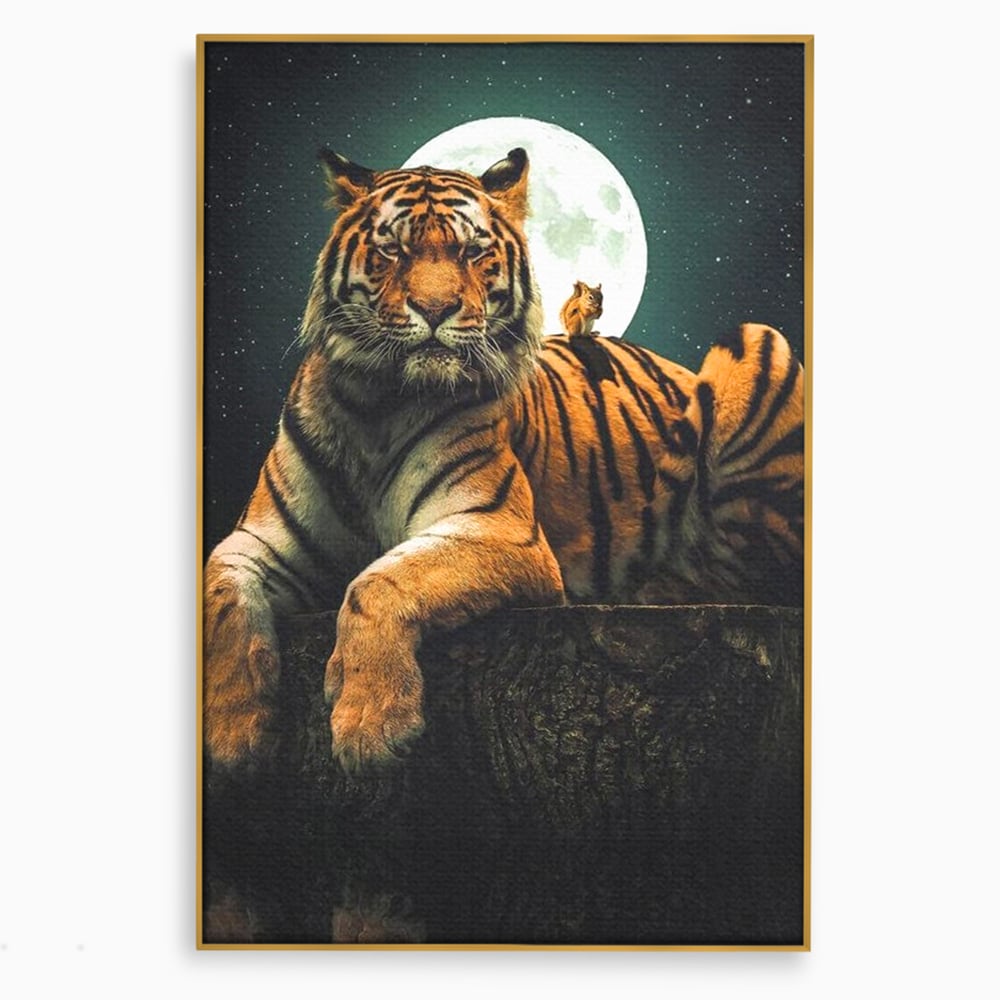 Tablou Canvas Premium, LuxCanva® M1444, Prietenie sub Clar de Luna, Veverita, Rozatoare, Tigru, Felina, Luna Plina, Stele, Nocturn, Bustean, Maretie, Birou, Living, Camera Copil