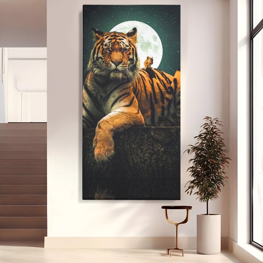 Tablou Canvas Premium, LuxCanva® M1444, Prietenie sub Clar de Luna, Veverita, Rozatoare, Tigru, Felina, Luna Plina, Stele, Nocturn, Bustean, Maretie, Birou, Living, Camera Copil