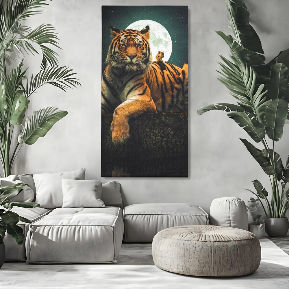Tablou Canvas Premium, LuxCanva® M1444, Prietenie sub Clar de Luna, Veverita, Rozatoare, Tigru, Felina, Luna Plina, Stele, Nocturn, Bustean, Maretie, Birou, Living, Camera Copil