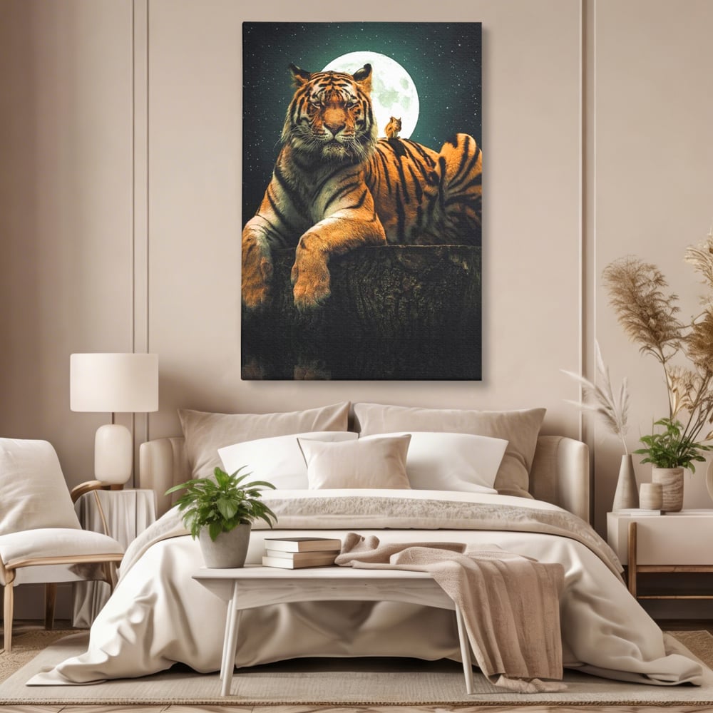 Tablou Canvas Premium, LuxCanva® M1444, Prietenie sub Clar de Luna, Veverita, Rozatoare, Tigru, Felina, Luna Plina, Stele, Nocturn, Bustean, Maretie, Birou, Living, Camera Copil
