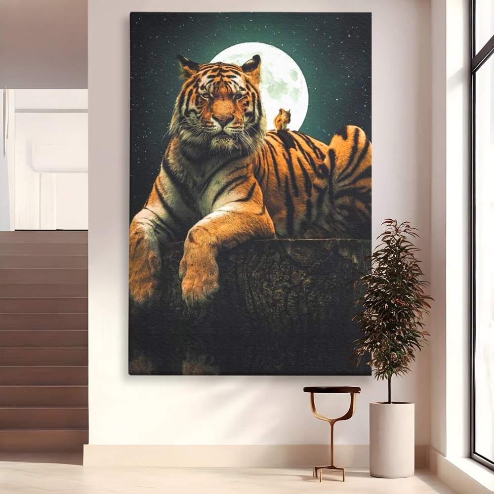 Tablou Canvas Premium, LuxCanva® M1444, Prietenie sub Clar de Luna, Veverita, Rozatoare, Tigru, Felina, Luna Plina, Stele, Nocturn, Bustean, Maretie, Birou, Living, Camera Copil
