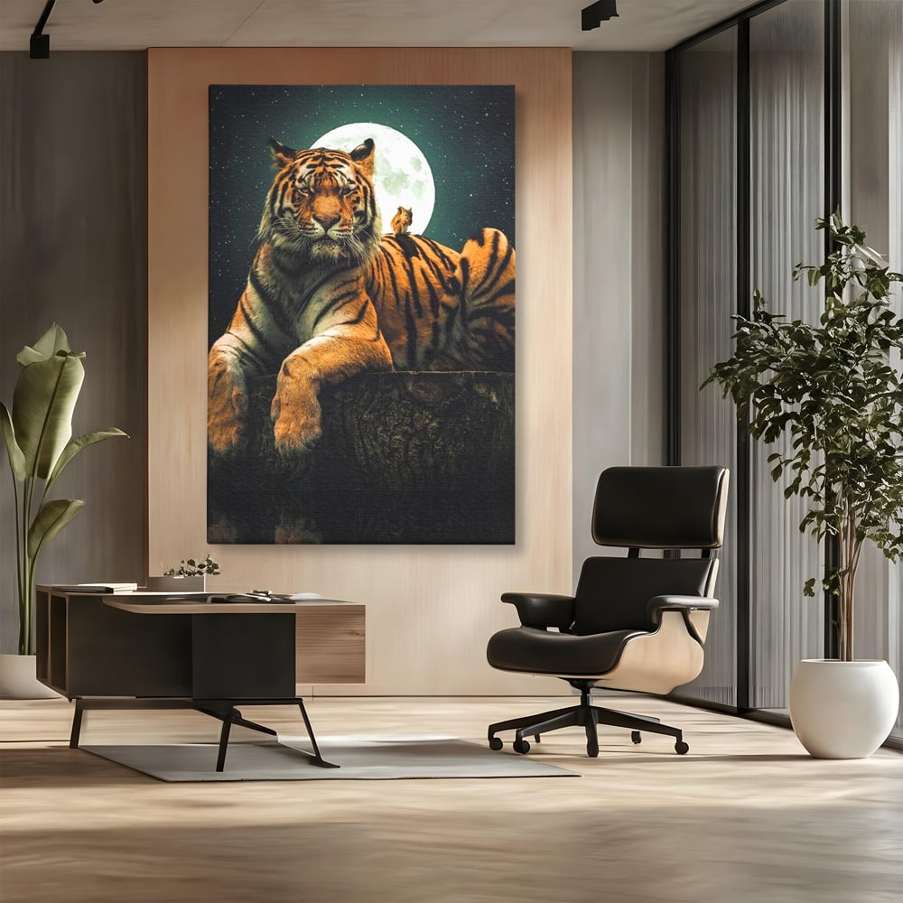 Tablou Canvas Premium, LuxCanva® M1444, Prietenie sub Clar de Luna, Veverita, Rozatoare, Tigru, Felina, Luna Plina, Stele, Nocturn, Bustean, Maretie, Birou, Living, Camera Copil
