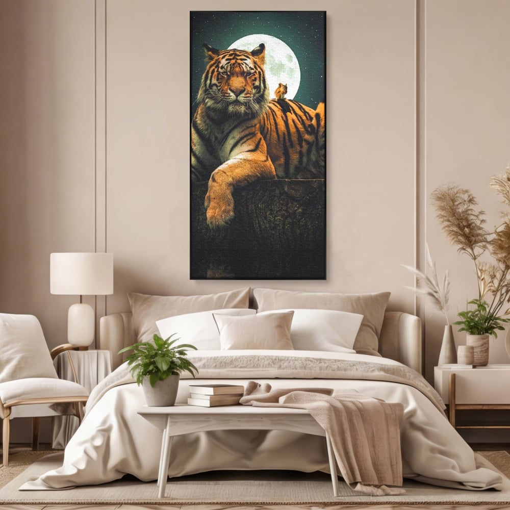 Tablou Canvas Premium, LuxCanva® M1444, Prietenie sub Clar de Luna, Veverita, Rozatoare, Tigru, Felina, Luna Plina, Stele, Nocturn, Bustean, Maretie, Birou, Living, Camera Copil