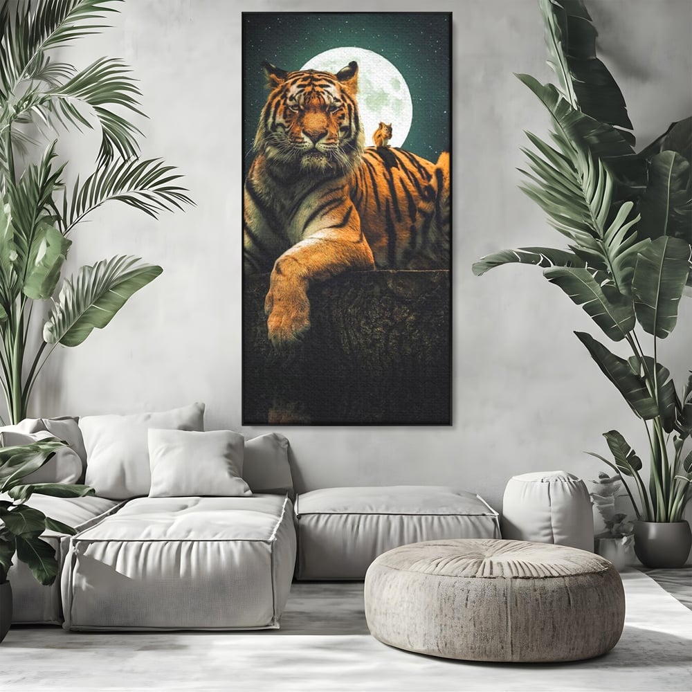 Tablou Canvas Premium, LuxCanva® M1444, Prietenie sub Clar de Luna, Veverita, Rozatoare, Tigru, Felina, Luna Plina, Stele, Nocturn, Bustean, Maretie, Birou, Living, Camera Copil