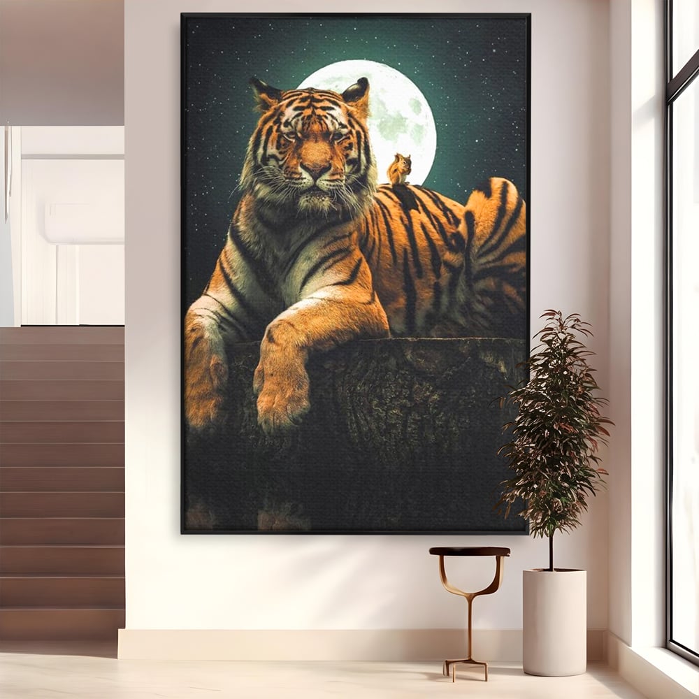 Tablou Canvas Premium, LuxCanva® M1444, Prietenie sub Clar de Luna, Veverita, Rozatoare, Tigru, Felina, Luna Plina, Stele, Nocturn, Bustean, Maretie, Birou, Living, Camera Copil