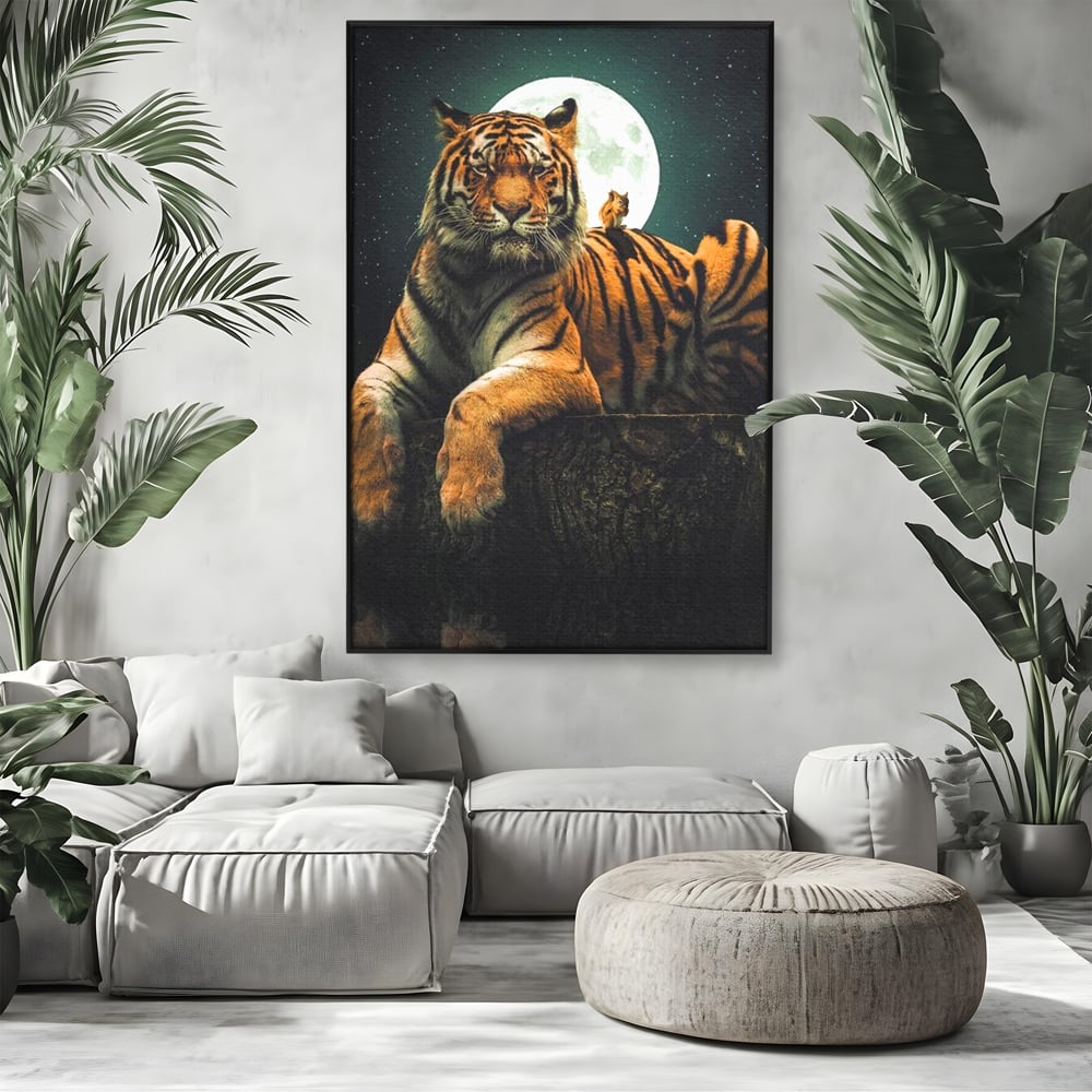 Tablou Canvas Premium, LuxCanva® M1444, Prietenie sub Clar de Luna, Veverita, Rozatoare, Tigru, Felina, Luna Plina, Stele, Nocturn, Bustean, Maretie, Birou, Living, Camera Copil