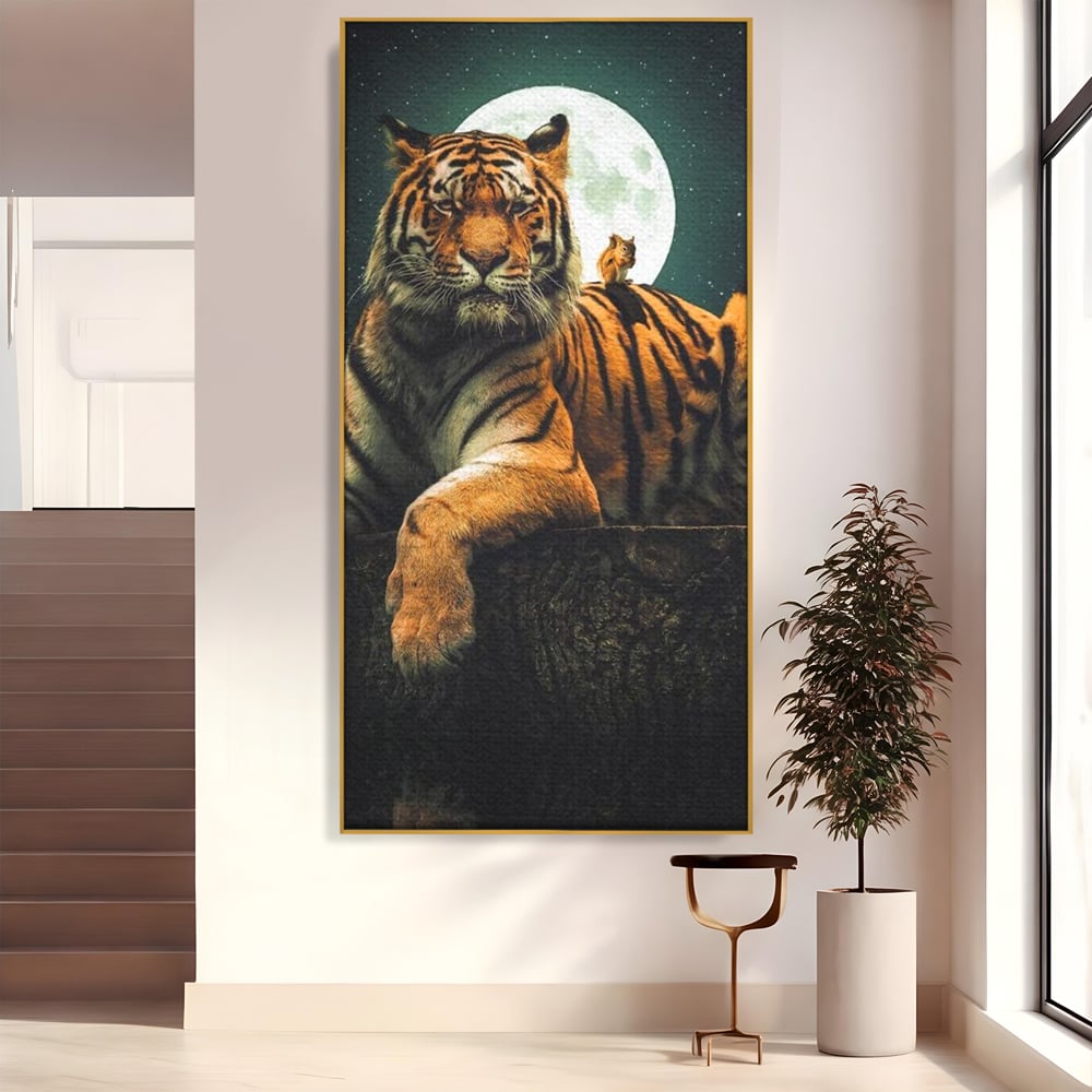 Tablou Canvas Premium, LuxCanva® M1444, Prietenie sub Clar de Luna, Veverita, Rozatoare, Tigru, Felina, Luna Plina, Stele, Nocturn, Bustean, Maretie, Birou, Living, Camera Copil