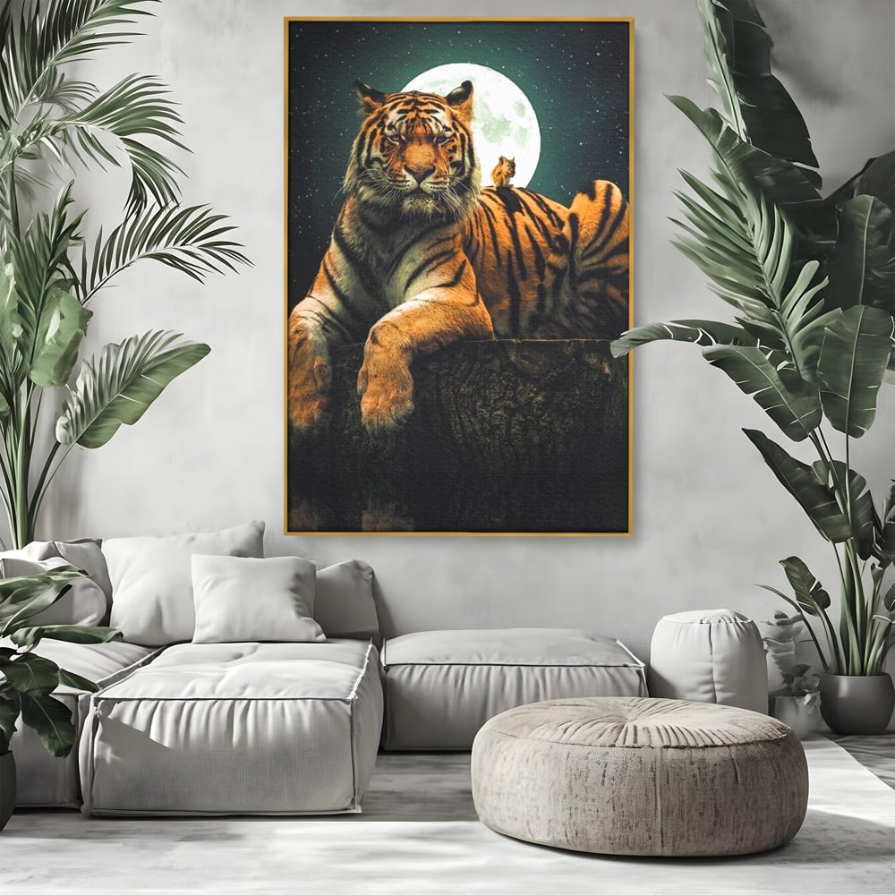 Tablou Canvas Premium, LuxCanva® M1444, Prietenie sub Clar de Luna, Veverita, Rozatoare, Tigru, Felina, Luna Plina, Stele, Nocturn, Bustean, Maretie, Birou, Living, Camera Copil