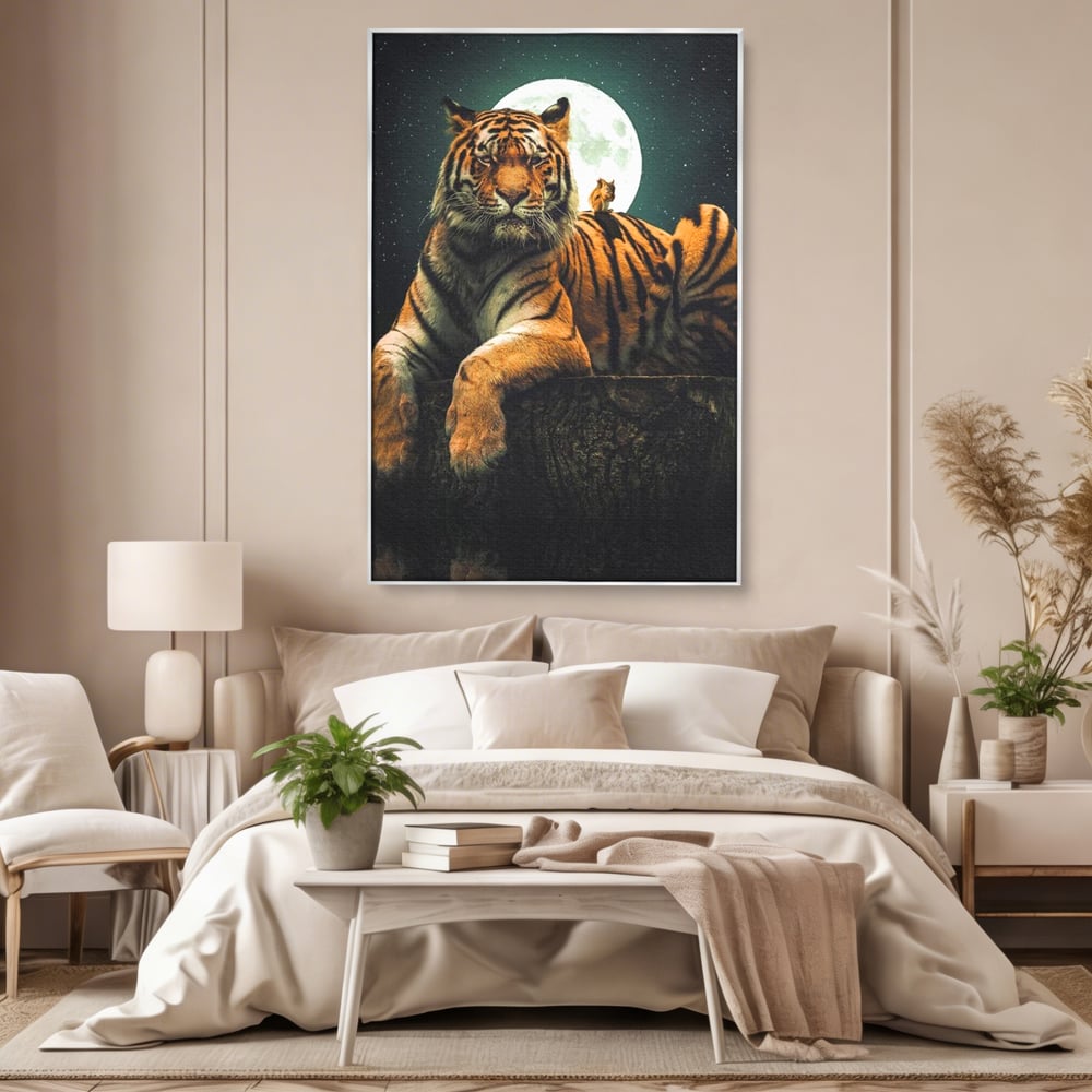 Tablou Canvas Premium, LuxCanva® M1444, Prietenie sub Clar de Luna, Veverita, Rozatoare, Tigru, Felina, Luna Plina, Stele, Nocturn, Bustean, Maretie, Birou, Living, Camera Copil