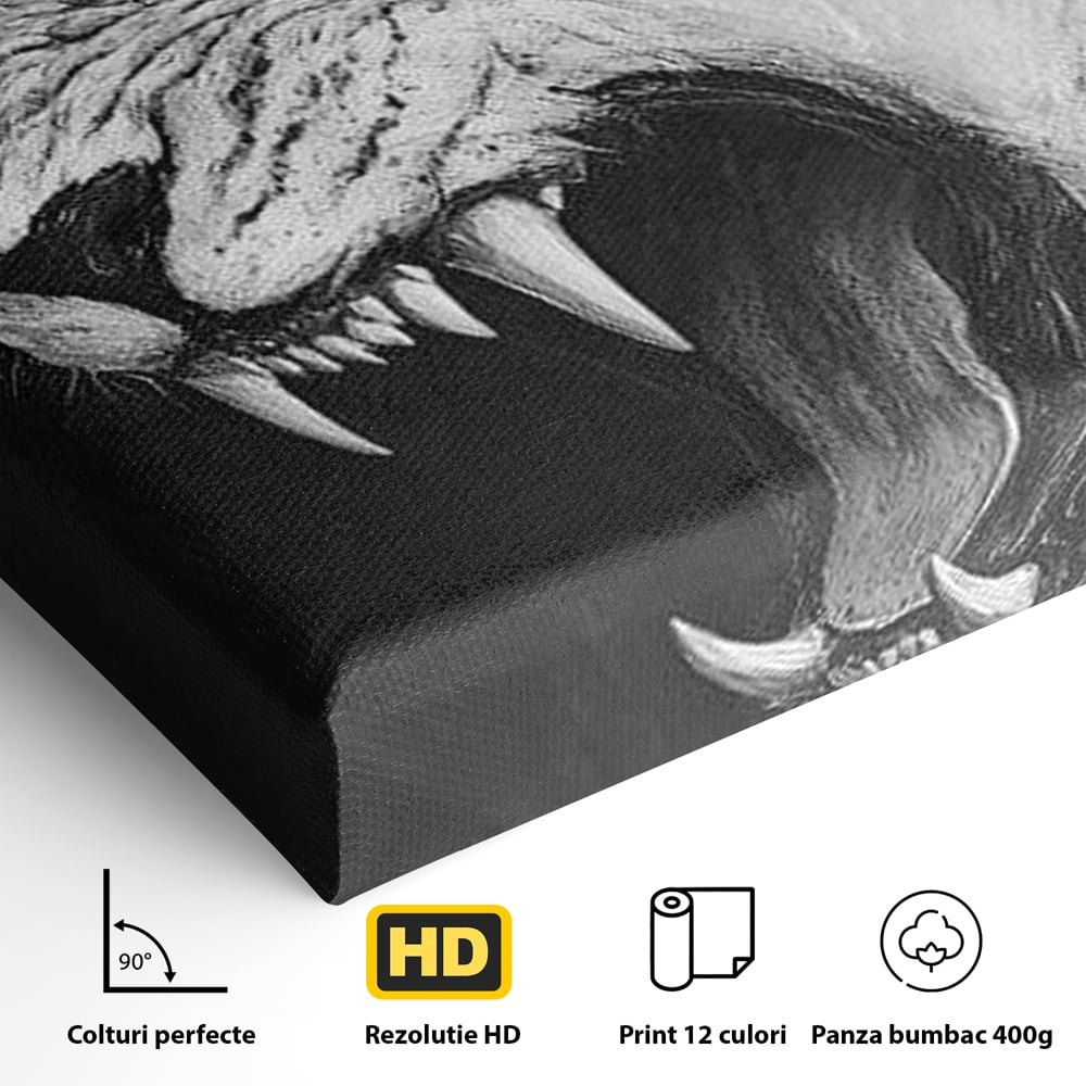 Tablou Canvas Premium, LuxCanva® M1445, Strigoiul Alb, Tigru, Felina, Raget, Fantoma, Alb si Negru, Fioros, Spirit, Pictura, Furie, Birou, Living, Camera Copil