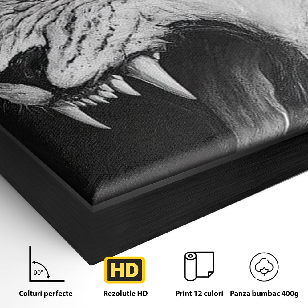 Tablou Canvas Premium, LuxCanva® M1445, Strigoiul Alb, Tigru, Felina, Raget, Fantoma, Alb si Negru, Fioros, Spirit, Pictura, Furie, Birou, Living, Camera Copil