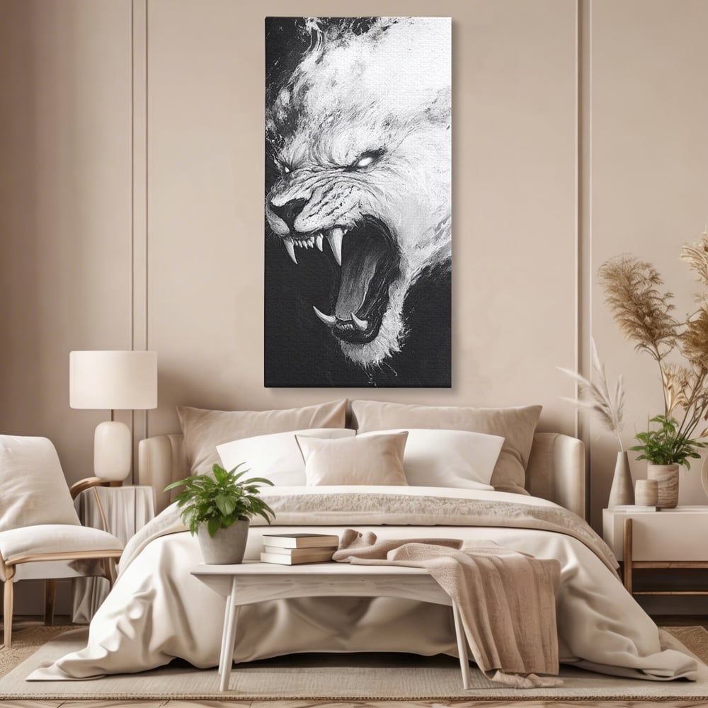 Tablou Canvas Premium, LuxCanva® M1445, Strigoiul Alb, Tigru, Felina, Raget, Fantoma, Alb si Negru, Fioros, Spirit, Pictura, Furie, Birou, Living, Camera Copil