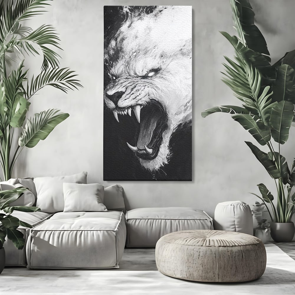 Tablou Canvas Premium, LuxCanva® M1445, Strigoiul Alb, Tigru, Felina, Raget, Fantoma, Alb si Negru, Fioros, Spirit, Pictura, Furie, Birou, Living, Camera Copil