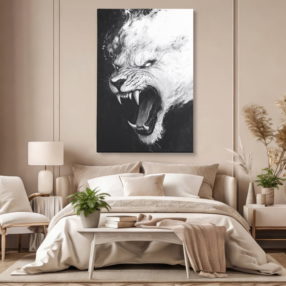 Tablou Canvas Premium, LuxCanva® M1445, Strigoiul Alb, Tigru, Felina, Raget, Fantoma, Alb si Negru, Fioros, Spirit, Pictura, Furie, Birou, Living, Camera Copil