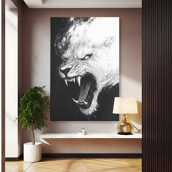 Tablou Canvas Premium, LuxCanva® M1445, Strigoiul Alb, Tigru, Felina, Raget, Fantoma, Alb si Negru, Fioros, Spirit, Pictura, Furie, Birou, Living, Camera Copil