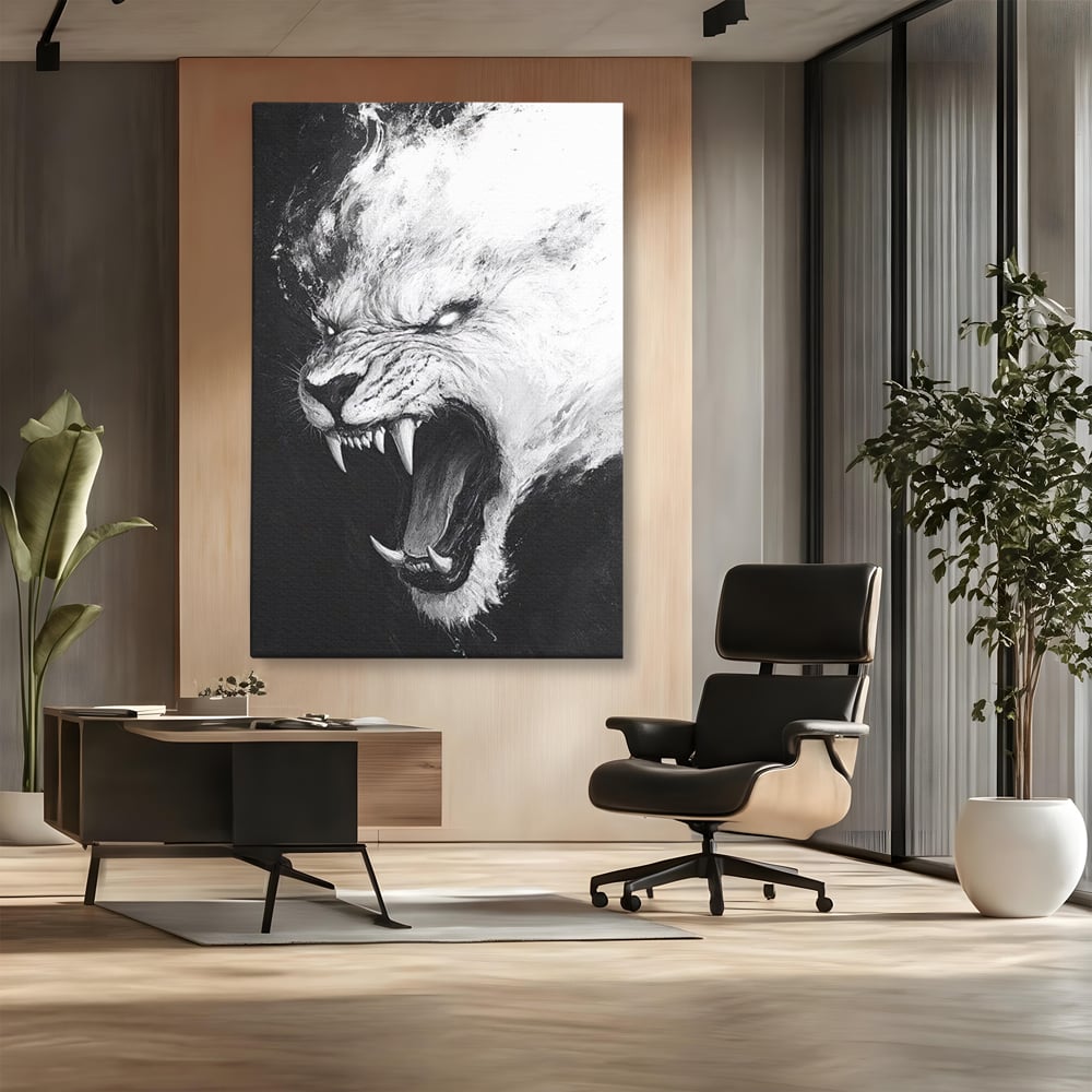 Tablou Canvas Premium, LuxCanva® M1445, Strigoiul Alb, Tigru, Felina, Raget, Fantoma, Alb si Negru, Fioros, Spirit, Pictura, Furie, Birou, Living, Camera Copil