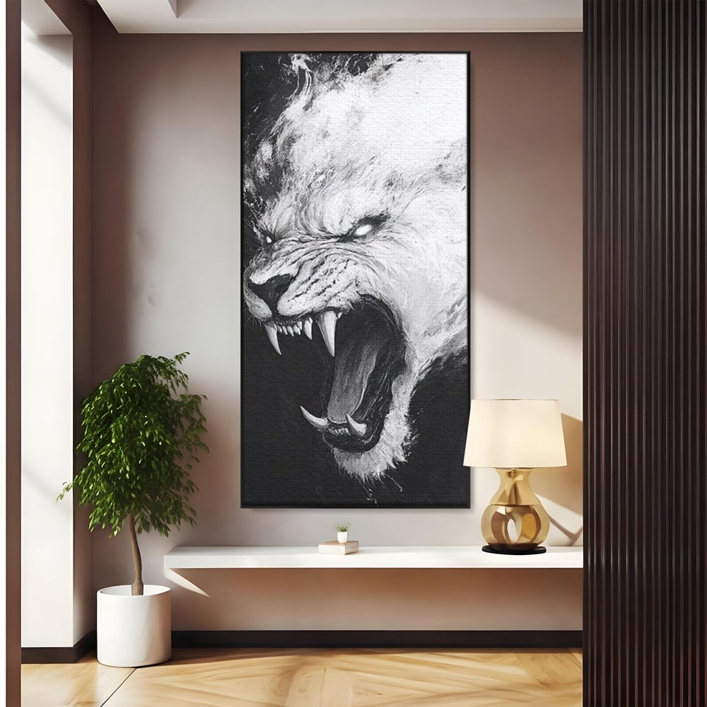 Tablou Canvas Premium, LuxCanva® M1445, Strigoiul Alb, Tigru, Felina, Raget, Fantoma, Alb si Negru, Fioros, Spirit, Pictura, Furie, Birou, Living, Camera Copil