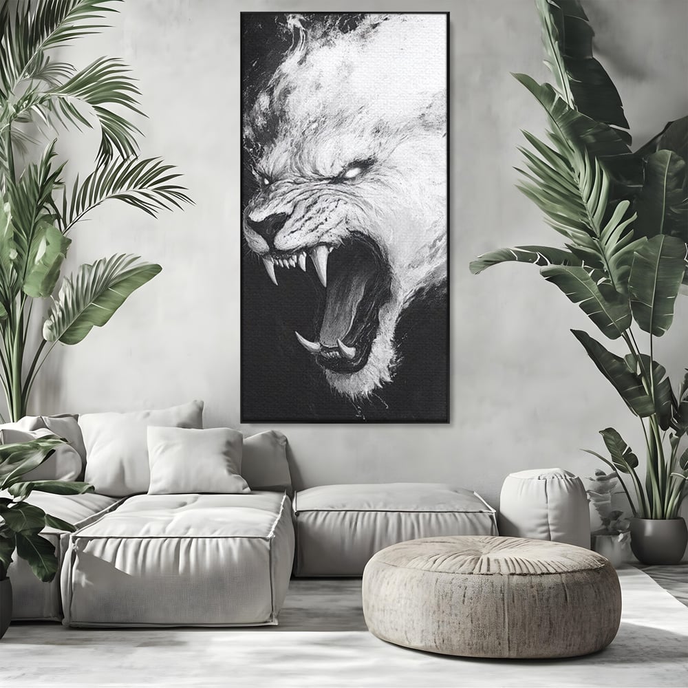 Tablou Canvas Premium, LuxCanva® M1445, Strigoiul Alb, Tigru, Felina, Raget, Fantoma, Alb si Negru, Fioros, Spirit, Pictura, Furie, Birou, Living, Camera Copil