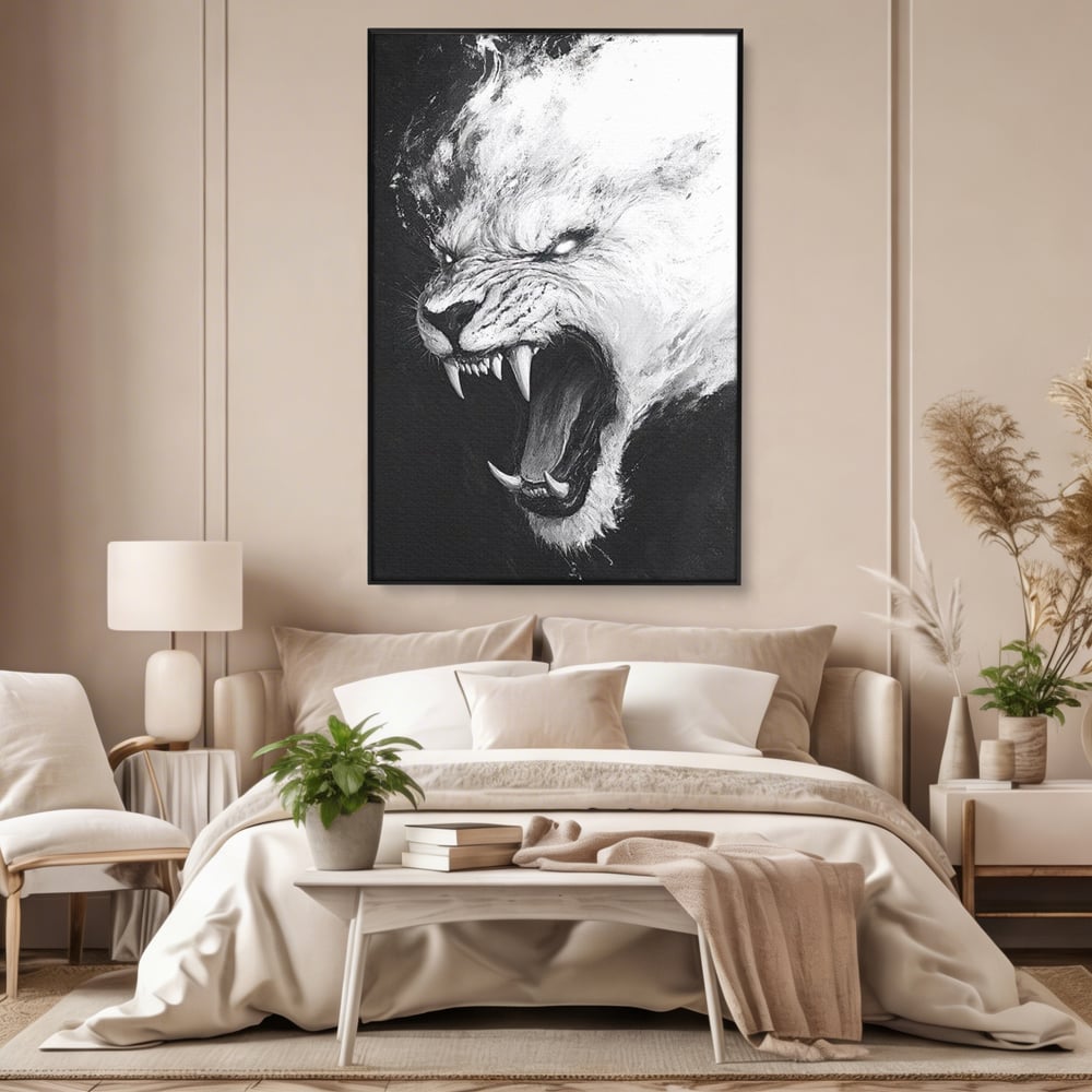 Tablou Canvas Premium, LuxCanva® M1445, Strigoiul Alb, Tigru, Felina, Raget, Fantoma, Alb si Negru, Fioros, Spirit, Pictura, Furie, Birou, Living, Camera Copil