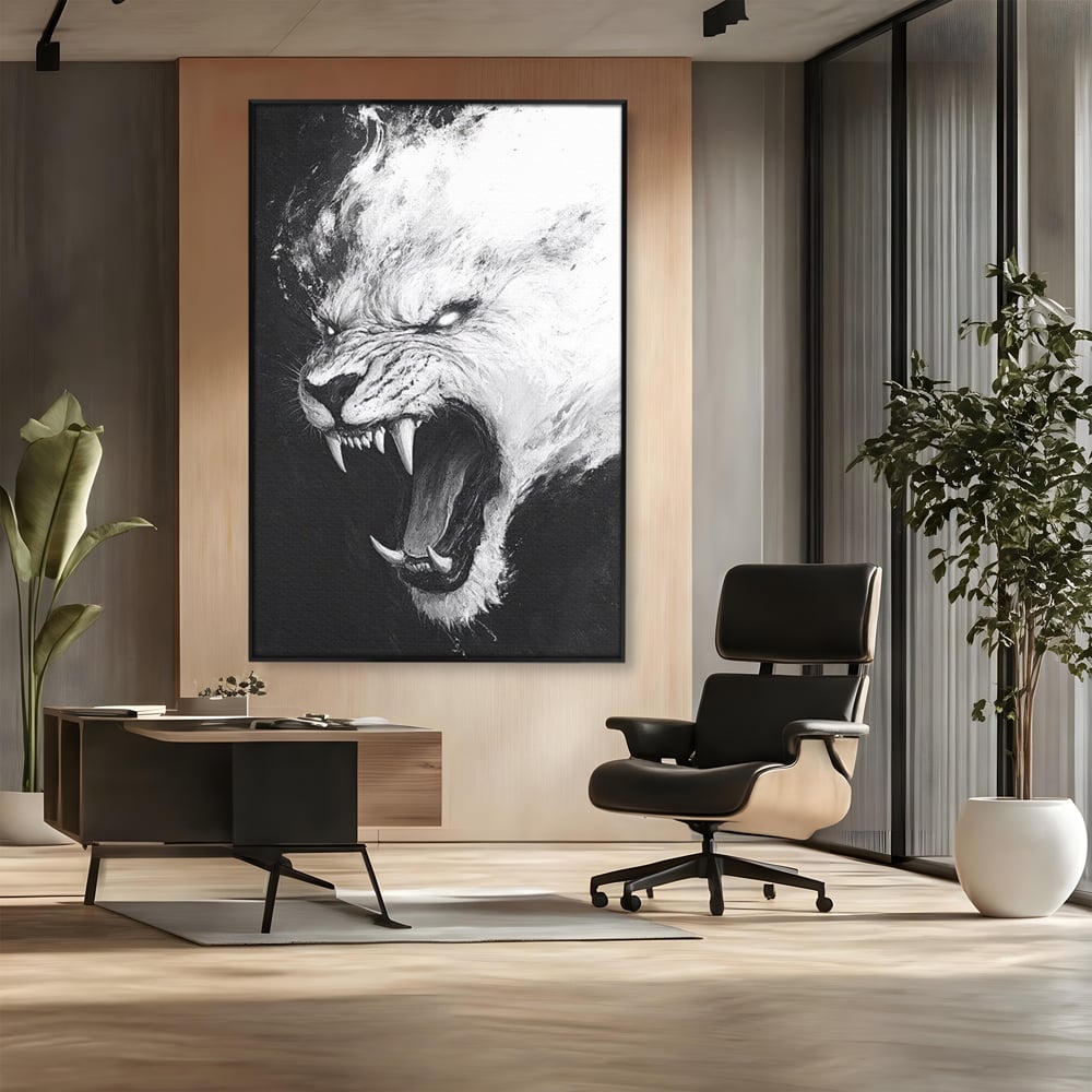 Tablou Canvas Premium, LuxCanva® M1445, Strigoiul Alb, Tigru, Felina, Raget, Fantoma, Alb si Negru, Fioros, Spirit, Pictura, Furie, Birou, Living, Camera Copil