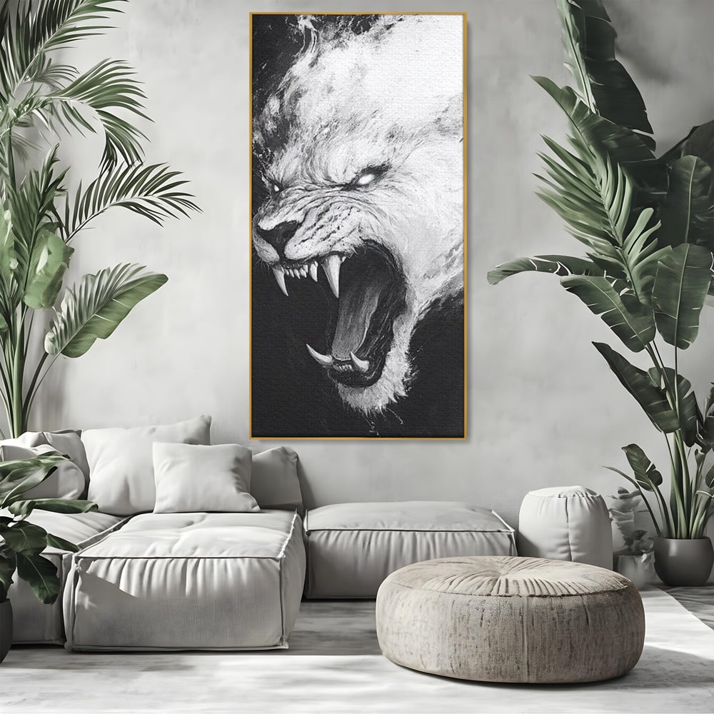 Tablou Canvas Premium, LuxCanva® M1445, Strigoiul Alb, Tigru, Felina, Raget, Fantoma, Alb si Negru, Fioros, Spirit, Pictura, Furie, Birou, Living, Camera Copil