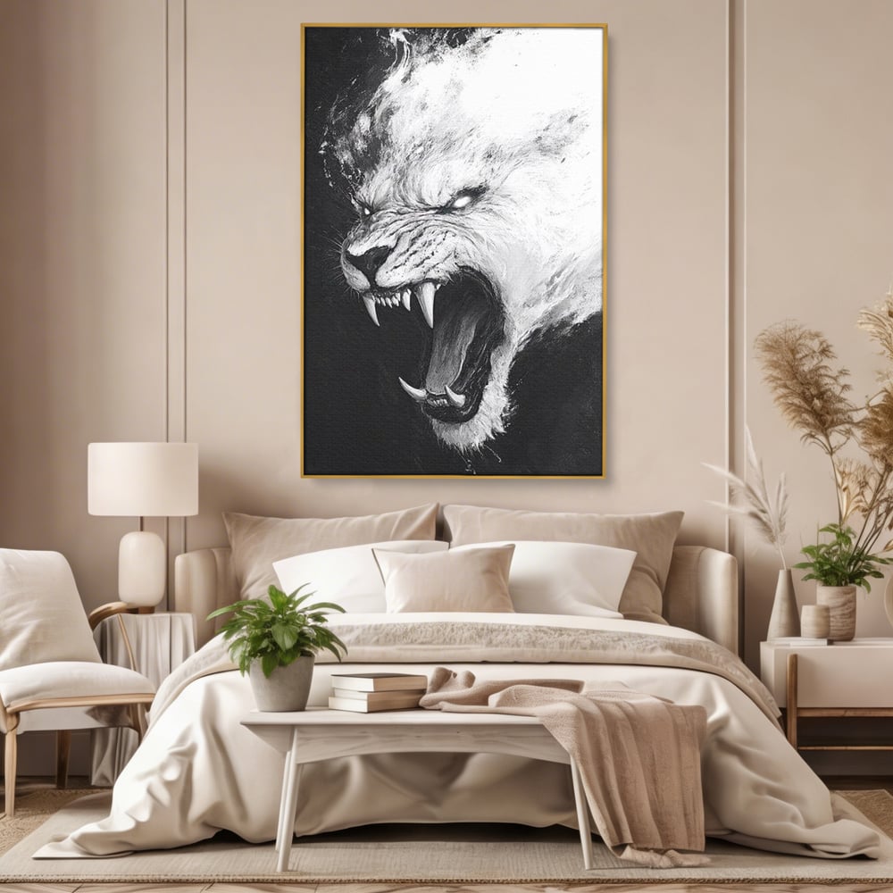 Tablou Canvas Premium, LuxCanva® M1445, Strigoiul Alb, Tigru, Felina, Raget, Fantoma, Alb si Negru, Fioros, Spirit, Pictura, Furie, Birou, Living, Camera Copil