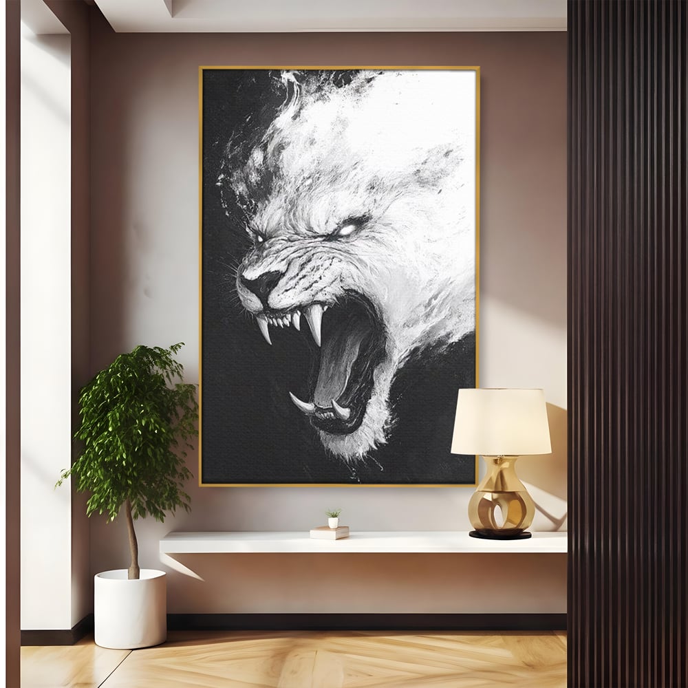 Tablou Canvas Premium, LuxCanva® M1445, Strigoiul Alb, Tigru, Felina, Raget, Fantoma, Alb si Negru, Fioros, Spirit, Pictura, Furie, Birou, Living, Camera Copil
