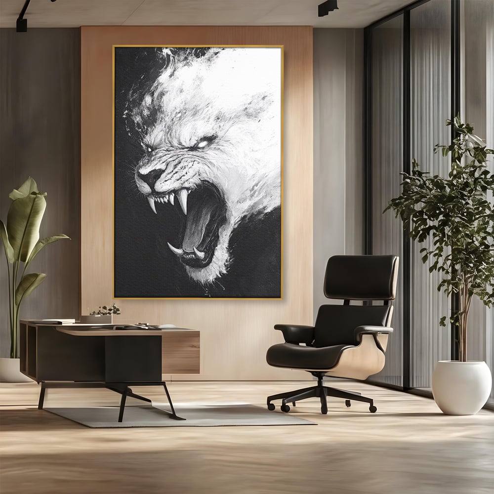 Tablou Canvas Premium, LuxCanva® M1445, Strigoiul Alb, Tigru, Felina, Raget, Fantoma, Alb si Negru, Fioros, Spirit, Pictura, Furie, Birou, Living, Camera Copil