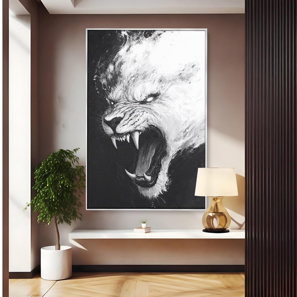 Tablou Canvas Premium, LuxCanva® M1445, Strigoiul Alb, Tigru, Felina, Raget, Fantoma, Alb si Negru, Fioros, Spirit, Pictura, Furie, Birou, Living, Camera Copil
