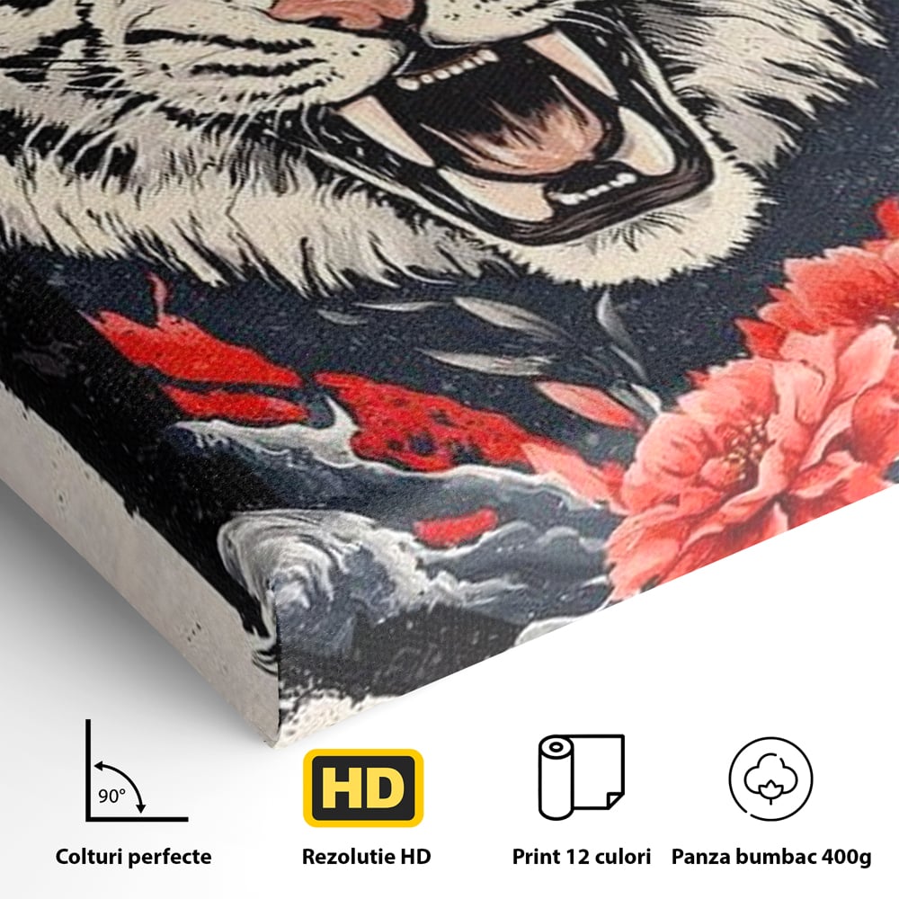 Tablou Canvas Premium, LuxCanva® M1448, In Umbra Muntelui, Siberian, Simbol, Orient, Tigru, Flori, Raget, Colti, Pictura, Arta Abstracta, Birou, Living, Camera Copil