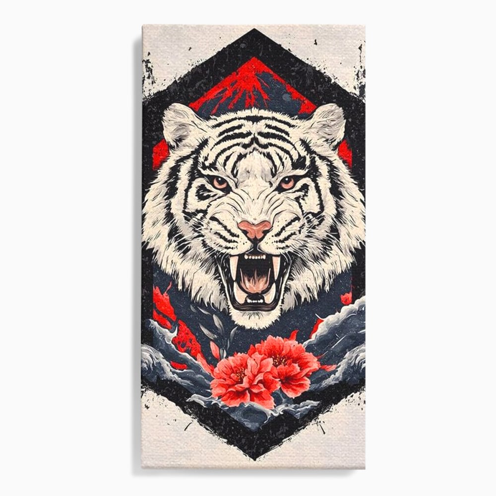 Tablou Canvas Premium, LuxCanva® M1448, In Umbra Muntelui, Siberian, Simbol, Orient, Tigru, Flori, Raget, Colti, Pictura, Arta Abstracta, Birou, Living, Camera Copil