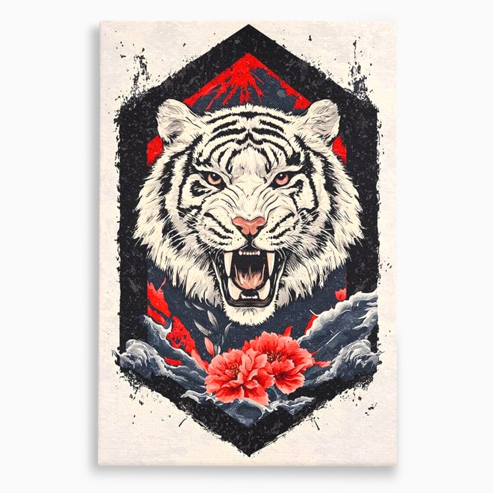 Tablou Canvas Premium, LuxCanva® M1448, In Umbra Muntelui, Siberian, Simbol, Orient, Tigru, Flori, Raget, Colti, Pictura, Arta Abstracta, Birou, Living, Camera Copil