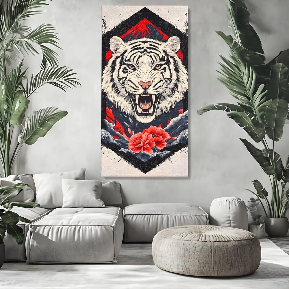 Tablou Canvas Premium, LuxCanva® M1448, In Umbra Muntelui, Siberian, Simbol, Orient, Tigru, Flori, Raget, Colti, Pictura, Arta Abstracta, Birou, Living, Camera Copil