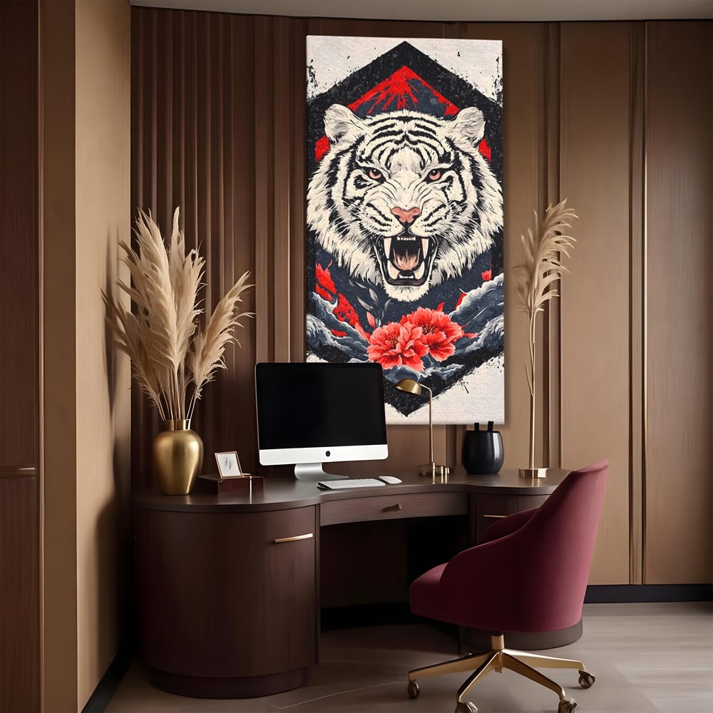 Tablou Canvas Premium, LuxCanva® M1448, In Umbra Muntelui, Siberian, Simbol, Orient, Tigru, Flori, Raget, Colti, Pictura, Arta Abstracta, Birou, Living, Camera Copil