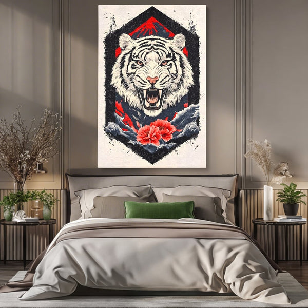 Tablou Canvas Premium, LuxCanva® M1448, In Umbra Muntelui, Siberian, Simbol, Orient, Tigru, Flori, Raget, Colti, Pictura, Arta Abstracta, Birou, Living, Camera Copil