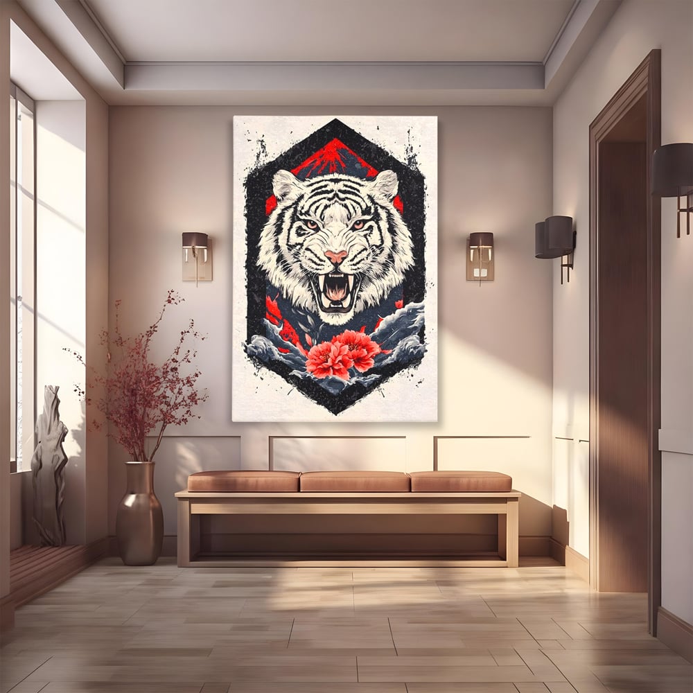 Tablou Canvas Premium, LuxCanva® M1448, In Umbra Muntelui, Siberian, Simbol, Orient, Tigru, Flori, Raget, Colti, Pictura, Arta Abstracta, Birou, Living, Camera Copil