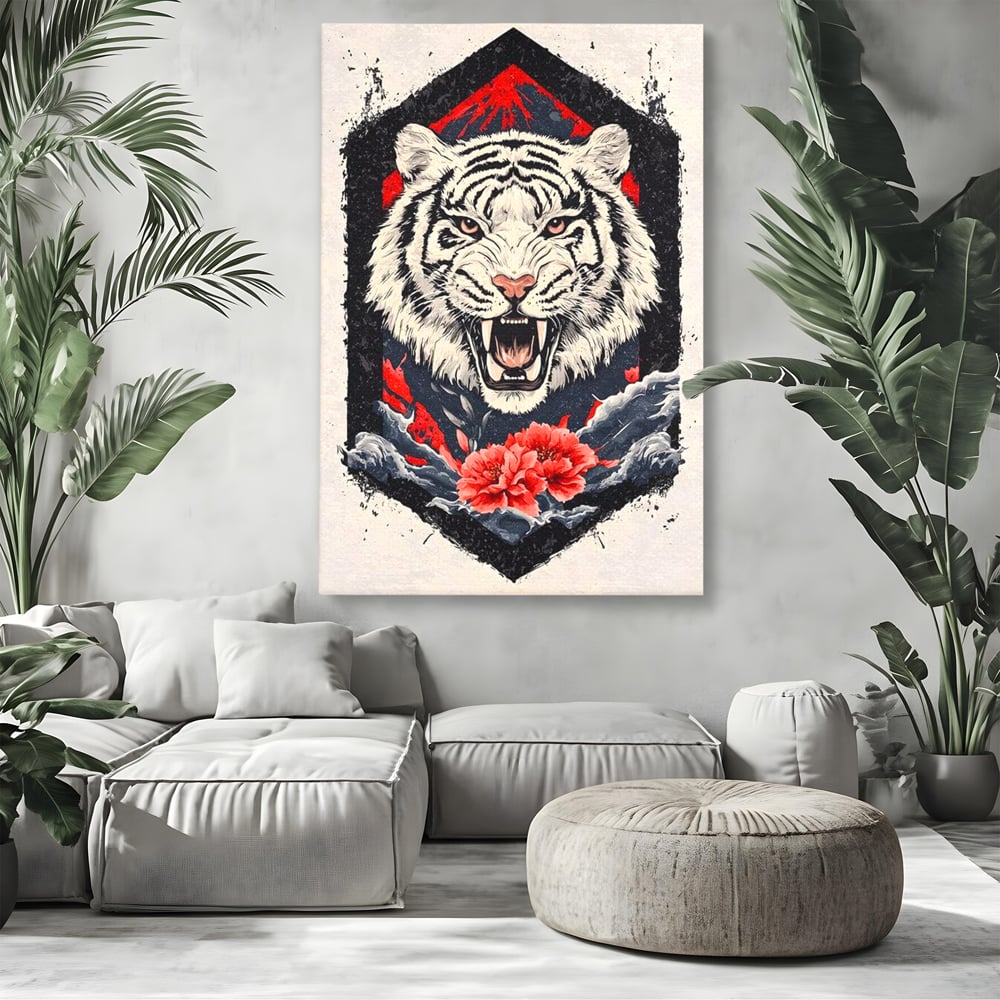Tablou Canvas Premium, LuxCanva® M1448, In Umbra Muntelui, Siberian, Simbol, Orient, Tigru, Flori, Raget, Colti, Pictura, Arta Abstracta, Birou, Living, Camera Copil