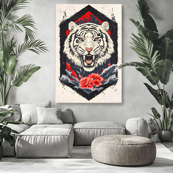 Tablou Canvas Premium, LuxCanva® M1448, In Umbra Muntelui, Siberian, Simbol, Orient, Tigru, Flori, Raget, Colti, Pictura, Arta Abstracta, Birou, Living, Camera Copil