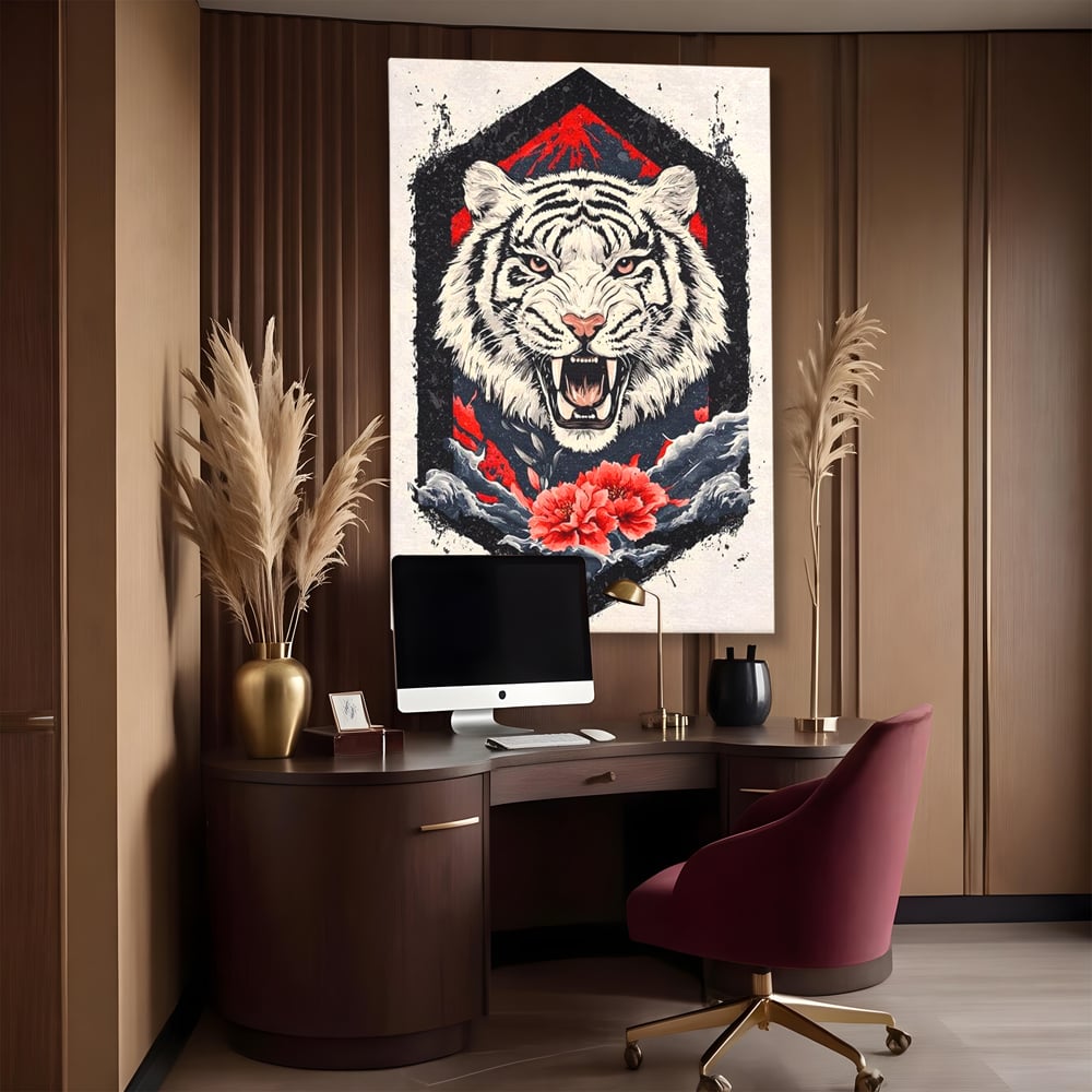 Tablou Canvas Premium, LuxCanva® M1448, In Umbra Muntelui, Siberian, Simbol, Orient, Tigru, Flori, Raget, Colti, Pictura, Arta Abstracta, Birou, Living, Camera Copil