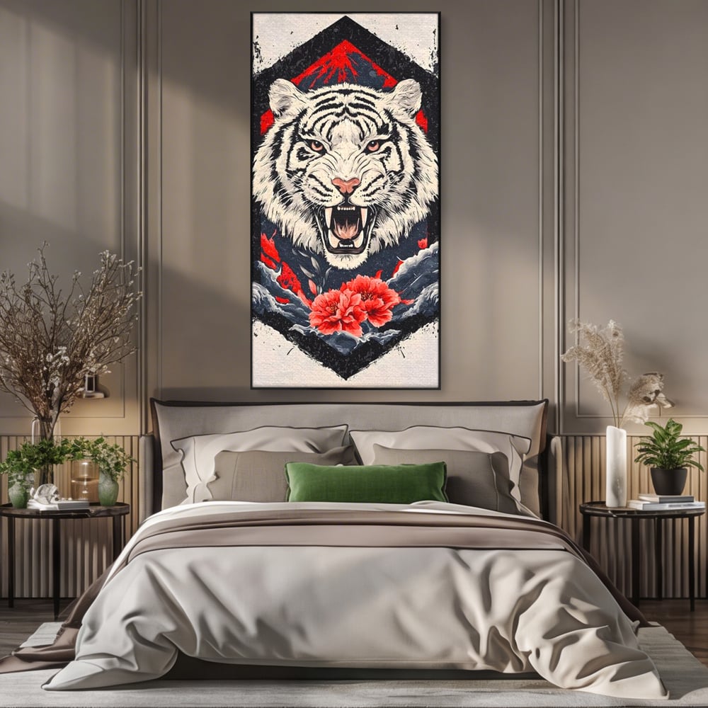 Tablou Canvas Premium, LuxCanva® M1448, In Umbra Muntelui, Siberian, Simbol, Orient, Tigru, Flori, Raget, Colti, Pictura, Arta Abstracta, Birou, Living, Camera Copil