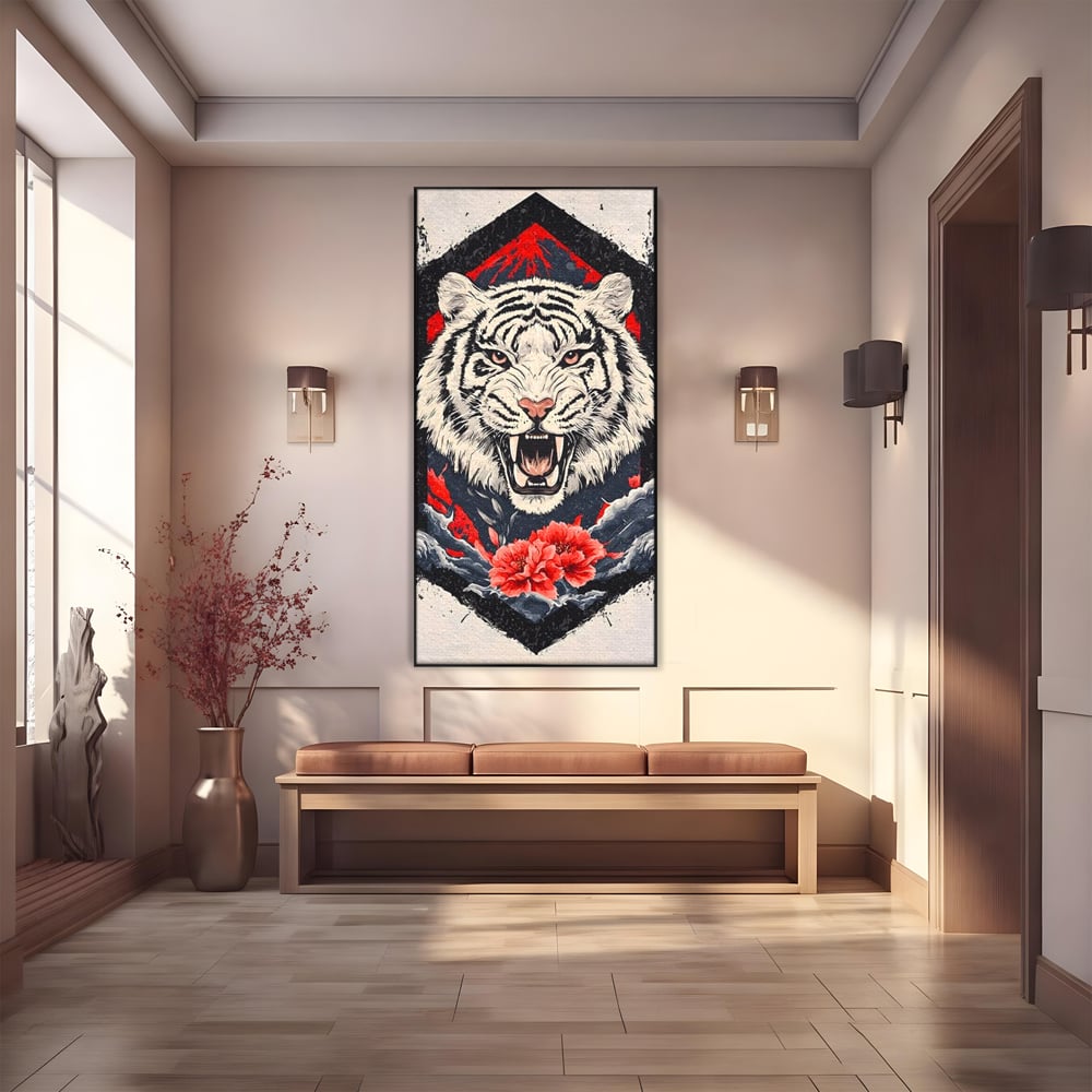 Tablou Canvas Premium, LuxCanva® M1448, In Umbra Muntelui, Siberian, Simbol, Orient, Tigru, Flori, Raget, Colti, Pictura, Arta Abstracta, Birou, Living, Camera Copil