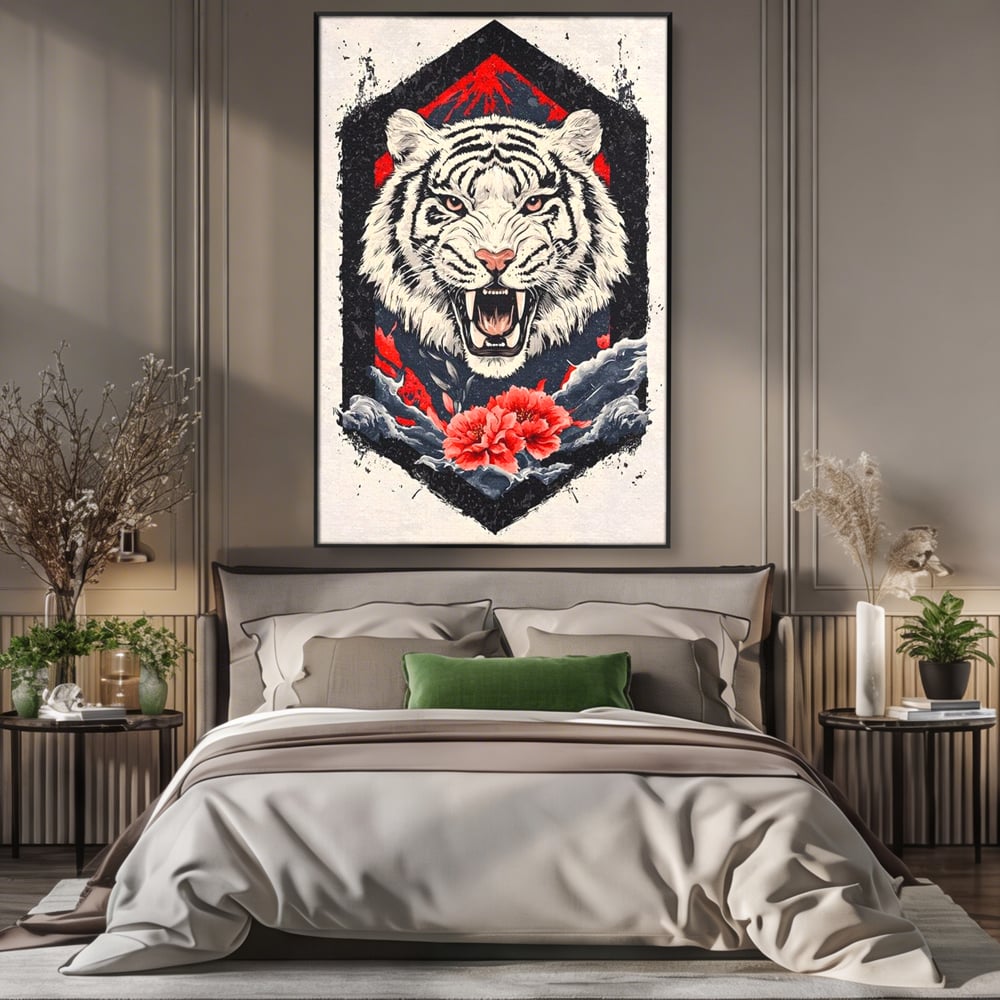 Tablou Canvas Premium, LuxCanva® M1448, In Umbra Muntelui, Siberian, Simbol, Orient, Tigru, Flori, Raget, Colti, Pictura, Arta Abstracta, Birou, Living, Camera Copil