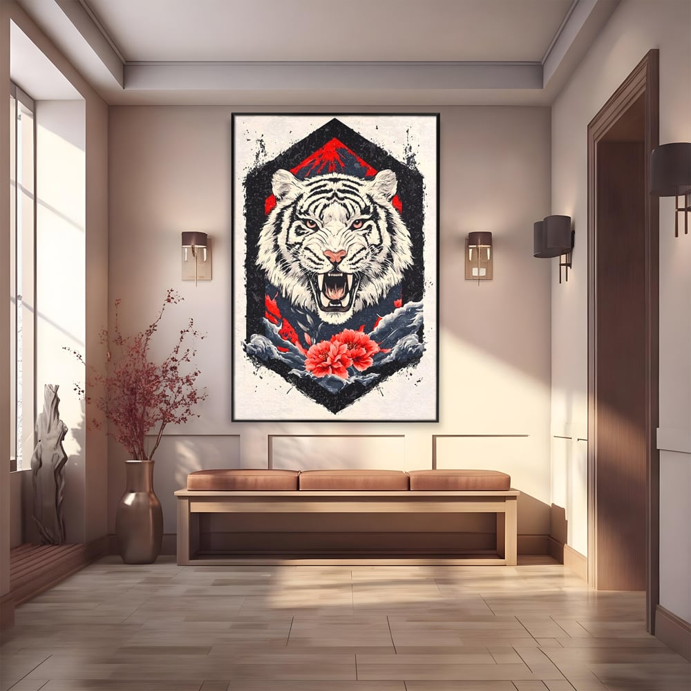 Tablou Canvas Premium, LuxCanva® M1448, In Umbra Muntelui, Siberian, Simbol, Orient, Tigru, Flori, Raget, Colti, Pictura, Arta Abstracta, Birou, Living, Camera Copil