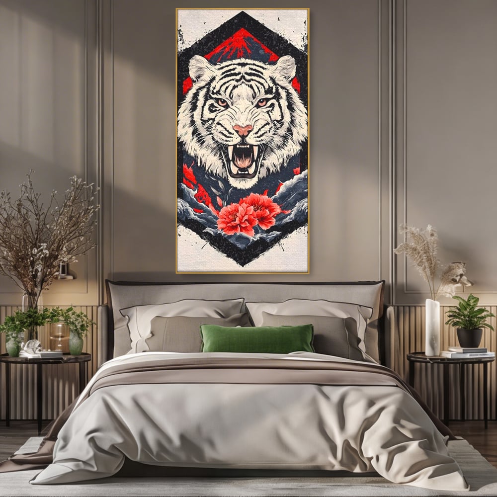 Tablou Canvas Premium, LuxCanva® M1448, In Umbra Muntelui, Siberian, Simbol, Orient, Tigru, Flori, Raget, Colti, Pictura, Arta Abstracta, Birou, Living, Camera Copil