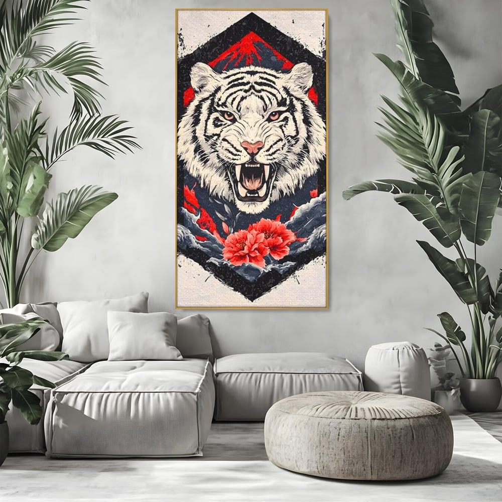 Tablou Canvas Premium, LuxCanva® M1448, In Umbra Muntelui, Siberian, Simbol, Orient, Tigru, Flori, Raget, Colti, Pictura, Arta Abstracta, Birou, Living, Camera Copil