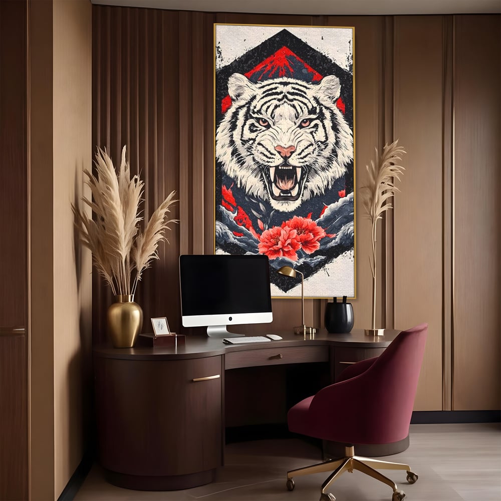 Tablou Canvas Premium, LuxCanva® M1448, In Umbra Muntelui, Siberian, Simbol, Orient, Tigru, Flori, Raget, Colti, Pictura, Arta Abstracta, Birou, Living, Camera Copil