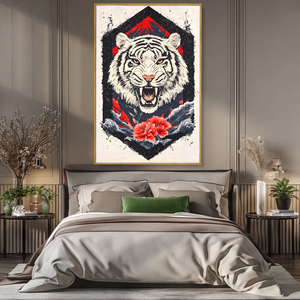 Tablou Canvas Premium, LuxCanva® M1448, In Umbra Muntelui, Siberian, Simbol, Orient, Tigru, Flori, Raget, Colti, Pictura, Arta Abstracta, Birou, Living, Camera Copil