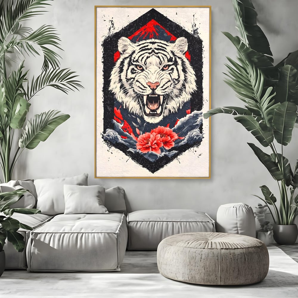 Tablou Canvas Premium, LuxCanva® M1448, In Umbra Muntelui, Siberian, Simbol, Orient, Tigru, Flori, Raget, Colti, Pictura, Arta Abstracta, Birou, Living, Camera Copil