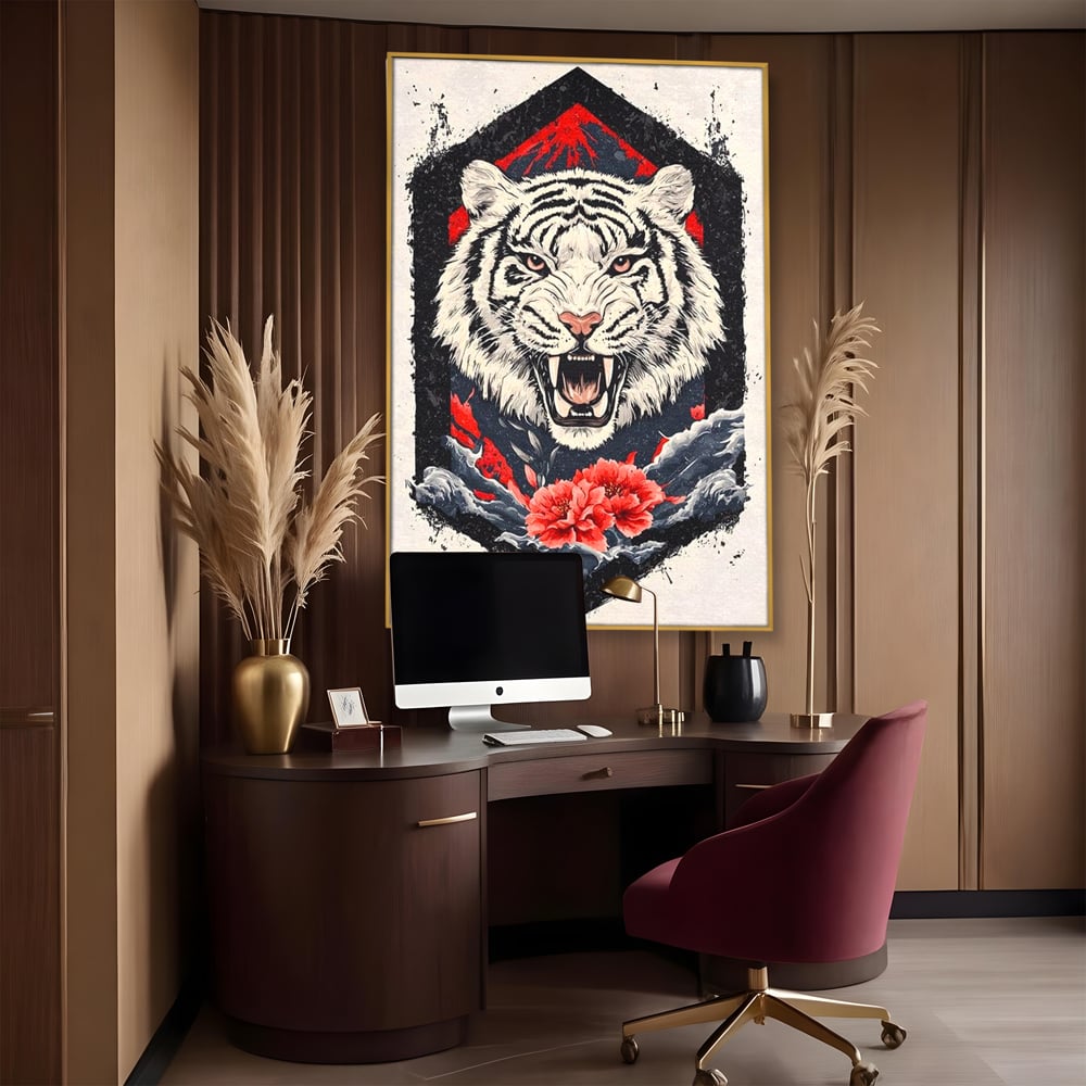 Tablou Canvas Premium, LuxCanva® M1448, In Umbra Muntelui, Siberian, Simbol, Orient, Tigru, Flori, Raget, Colti, Pictura, Arta Abstracta, Birou, Living, Camera Copil